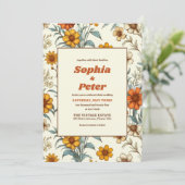 Retro  Floral 70s Tijdloze Elegante bruiloft Kaart (Staand voorkant)