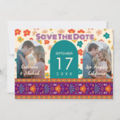 Retro Floral - Aangepast twee foto - Arch Magenta Save The Date (Voorkant)