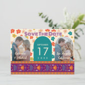 Retro Floral - Aangepast twee foto - Arch Magenta Save The Date (Staand voorkant)