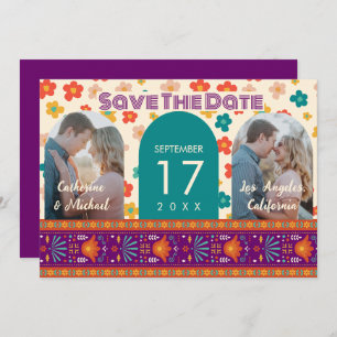 Retro Floral - Aangepast twee foto - Arch Magenta Save The Date