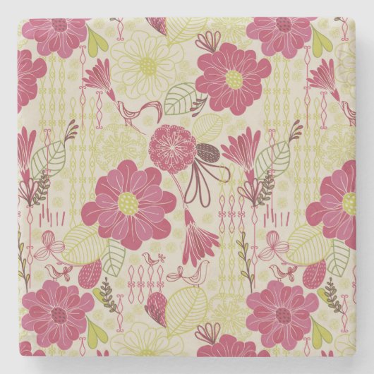 Retro Floral and Birds Sketch Pattern Stenen Onderzetter (Voorkant)