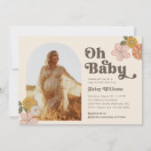 Retro Floral Baby shower Invitation | Fotodouche Kaart (Voorkant)