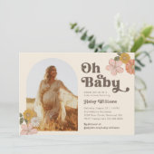 Retro Floral Baby shower Invitation | Fotodouche Kaart (Staand voorkant)