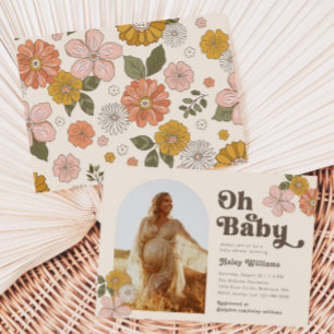 Retro Floral Baby shower Invitation   Fotodouche Kaart