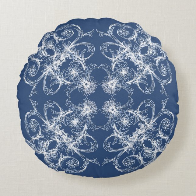 Retro floral Baroque Navy Rond Kussen (Voorkant)