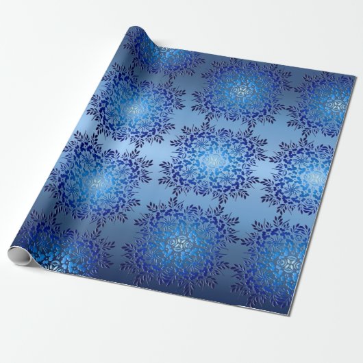 Retro Floral Blue Gradient Cadeaupapier (Uitgerold)