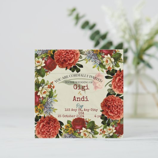 Retro Floral Boho Wedding Invitation Kaart (Staand voorkant)