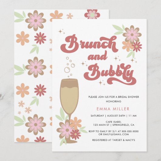 Retro Floral Brunch en Bubble Vrijgezellenfeest Kaart (Voorkant / Achterkant)