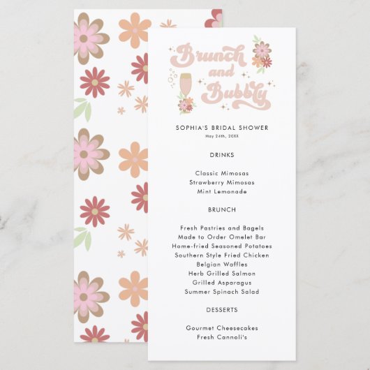 Retro Floral Brunch en Bubble Vrijgezellenfeest Menu (Voorkant / Achterkant)