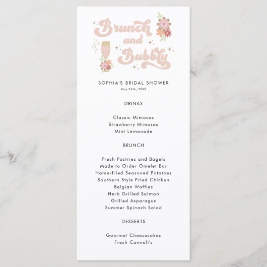 Retro Floral Brunch en Bubble Vrijgezellenfeest Menu (Voorkant)