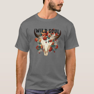Retro Floral Bull Skull Wild Soul Hippie Western C T-shirt