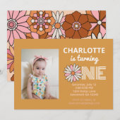 Retro Floral Daisy First Birthday Kaart (Voorkant / Achterkant)