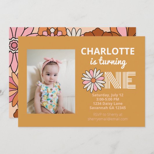 Retro Floral Daisy First Birthday Kaart (Voorkant / Achterkant)