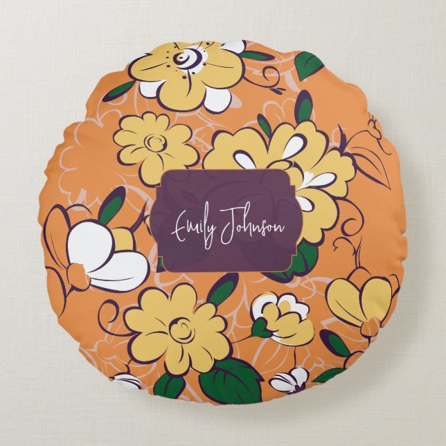 Retro Floral Daisy Orange Autumn Custom Name Rond Kussen (Voorkant)