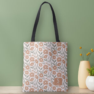 Retro Floral Daisy Pattern Monogram Naam Tote Bag