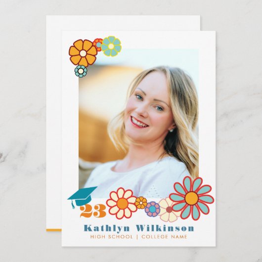 Retro Floral Elegant Script Chic Photo Afstuderen Kaart (Voorkant / Achterkant)