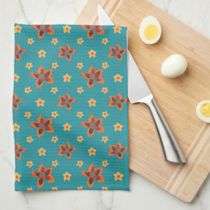 Retro Floral en Polkas op Blauwgroen keukenhanddoe Theedoek