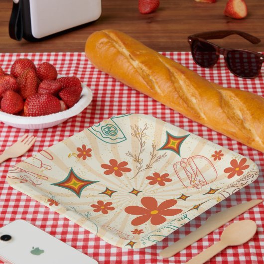 Retro Floral Fastfood Patroon Papieren Bordje (Picknick)