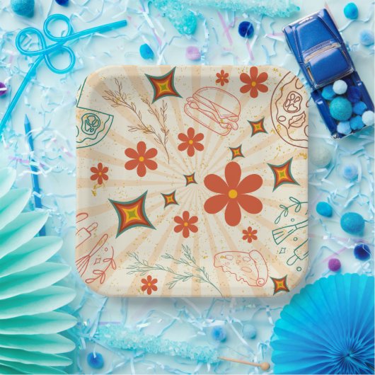 Retro Floral Fastfood Patroon Papieren Bordje (Feest)