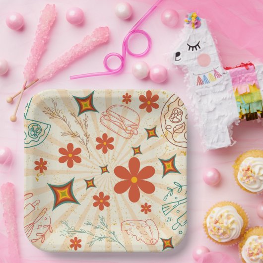 Retro Floral Fastfood Patroon Papieren Bordje (Feest)