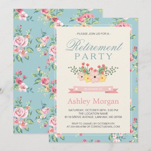 Retro Floral Feminine Women's Retirement Party Kaart (Voorkant / Achterkant)