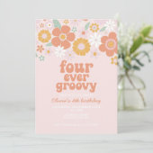Retro Floral Four Ever Groovy 4e verjaardag Kaart (Staand voorkant)