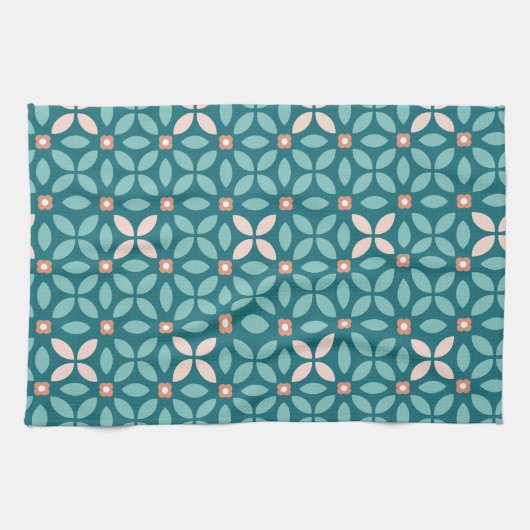 Retro Floral Geo Pattern Blauwgroen, Perzikpatroon Theedoek (Horizontaal)