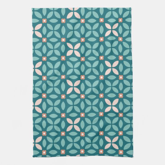 Retro Floral Geo Pattern Blauwgroen, Perzikpatroon Theedoek (Verticaal)