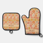 Retro Floral gepersonaliseerd monogram Ovenwant & Pannenlap Set (Voorkant)