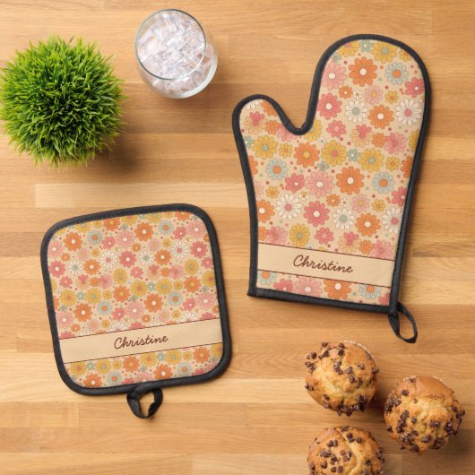 Retro Floral gepersonaliseerd monogram Ovenwant & Pannenlap Set (Top down)