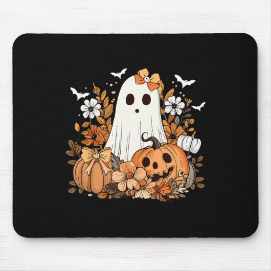 Retro Floral Ghost Schattige Pompoen Herfst Hallow Muismat (Voorkant)