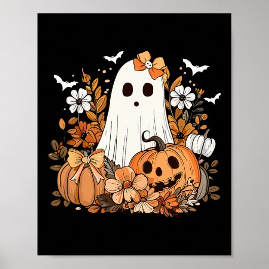 Retro Floral Ghost Schattige Pompoen Herfst Hallow Poster (Voorkant)