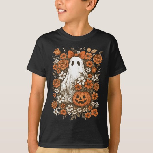 Retro Floral Ghost Schattige Pompoen Herfst Hallow T-shirt (Voorkant)
