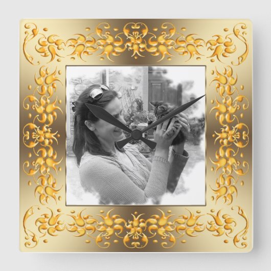 retro floral golden lijst. jouw foto. vierkante klok (Voorkant)