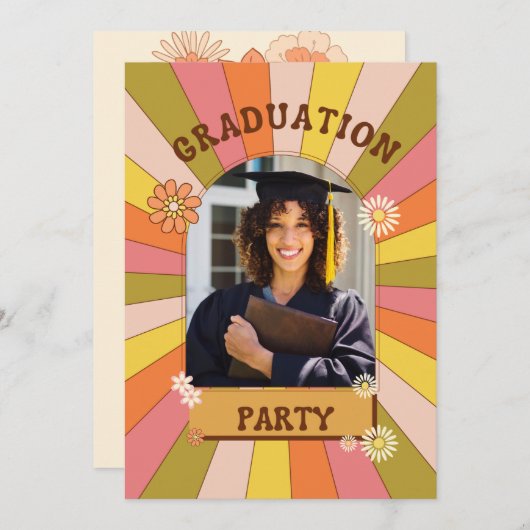 Retro Floral Groovy Graduation Invitations Feestdagenkaart (Voorkant / Achterkant)