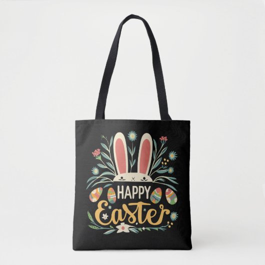Retro Floral Happy Easter Bunny Boho Spring Tote Bag (Voorkant)