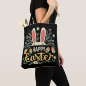 Retro Floral Happy Easter Bunny Boho Spring Tote Bag (Dichtbij)
