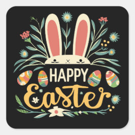 Retro Floral Happy Easter Bunny Boho Spring Vierkante Sticker