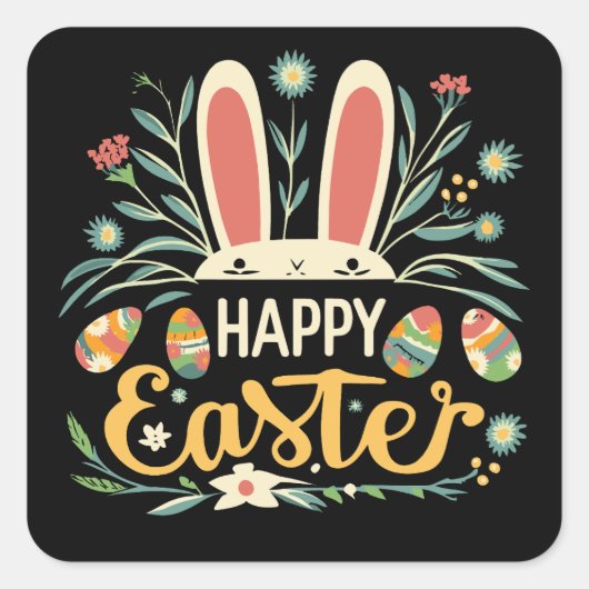 Retro Floral Happy Easter Bunny Boho Spring Vierkante Sticker (Voorkant)