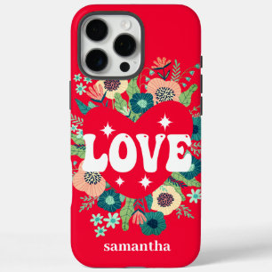Retro Floral Heart Love Red Valentijnsdag iPhone 16 Pro Max Hoesje