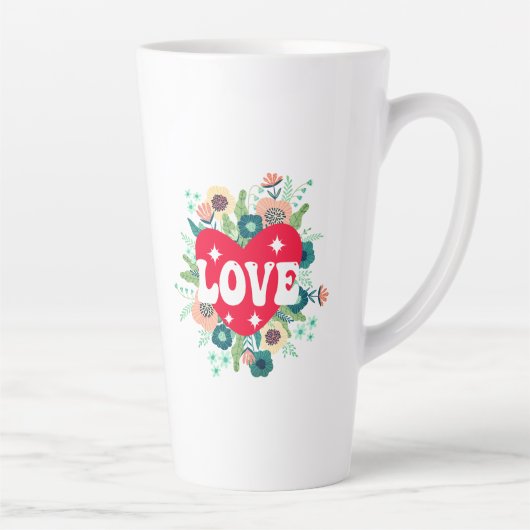 Retro Floral Heart Love Red Valentijnsdag Latte Mok (Rechts)