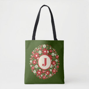 Retro Floral Kerstmis, 60s 70s Initiaal Tote Bag