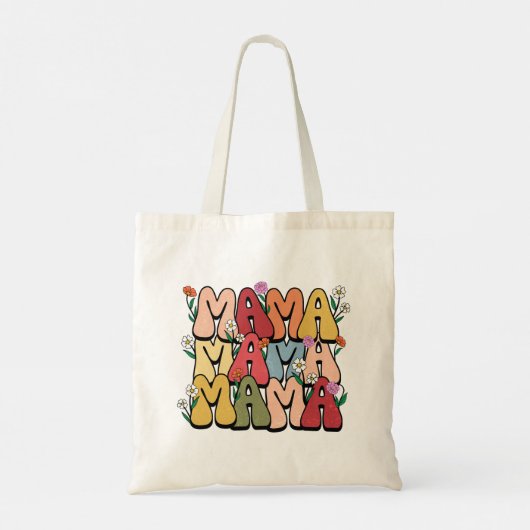 Retro Floral "Mama" Bubble Font Tote Bag (Achterkant)