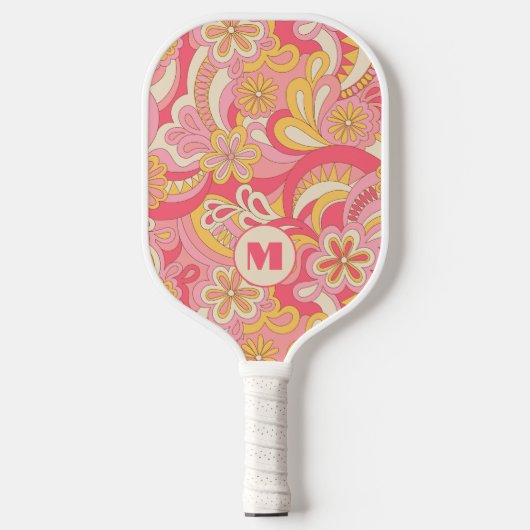 Retro Floral Monogram Girly Pickleball Paddle (Voorkant)