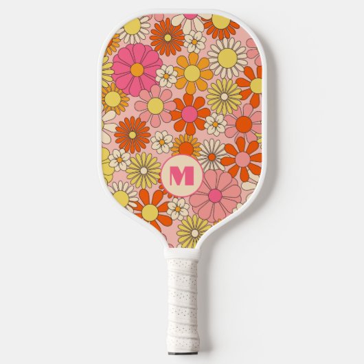 Retro Floral Monogrammed Pickleball Paddle  (Voorkant)