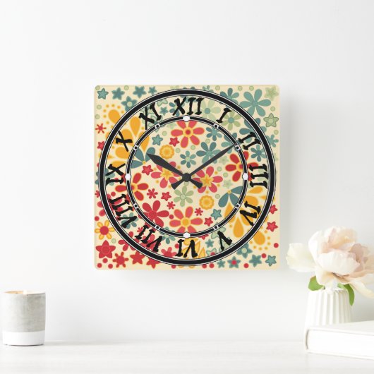 Retro. Floral motifs Vierkante Klok (Huis)