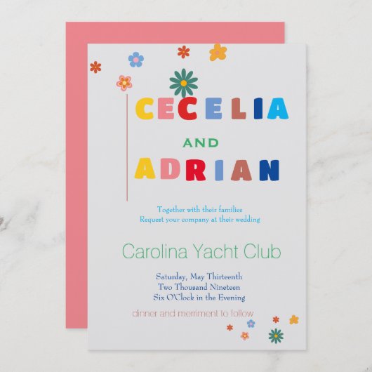 Retro Floral Multicolor Wedding Invitation Kaart (Voorkant / Achterkant)