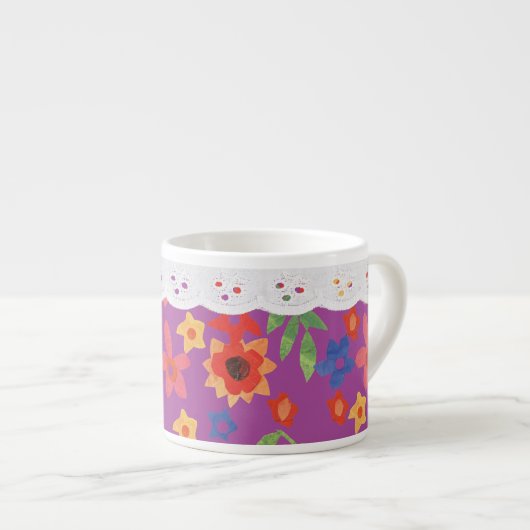 Retro Floral op Magenta, Faux Lace Espresso Mok (Voorkant rechts)