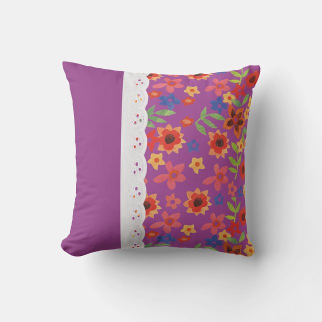 Retro Floral op Magenta, Faux Lace Pillow-kussen Kussen (Voorkant)