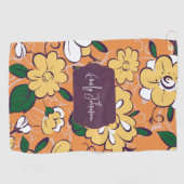 Retro Floral Orange Yellow White Custom Name Golfhanddoek (Horizontaal)